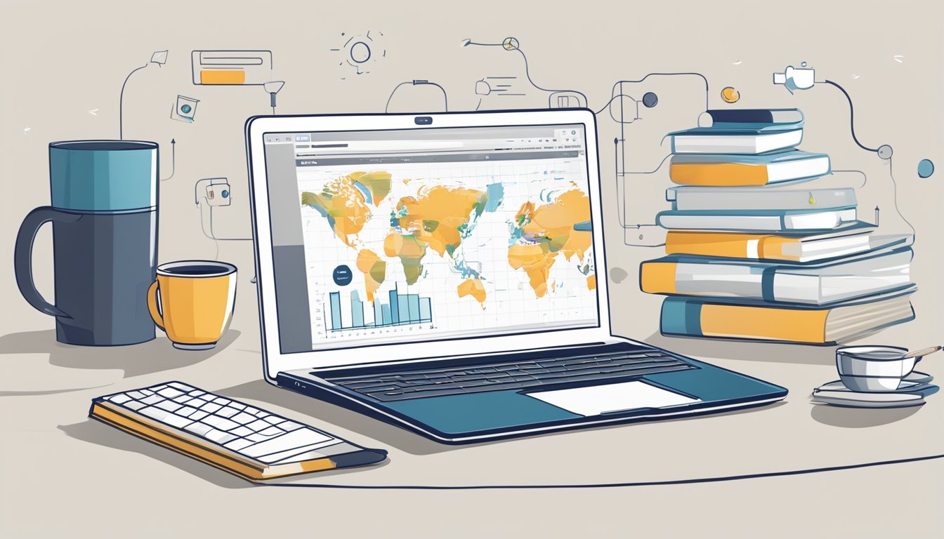 A laptop displaying the DeepCrawl website with various SEO data charts and graphs, surrounded by coffee mugs, notebooks, and a pen