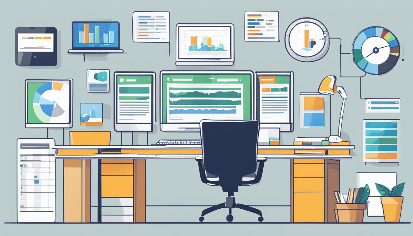 A desk with a computer displaying competitor websites, market data charts, and DeepCrawl analytics reports