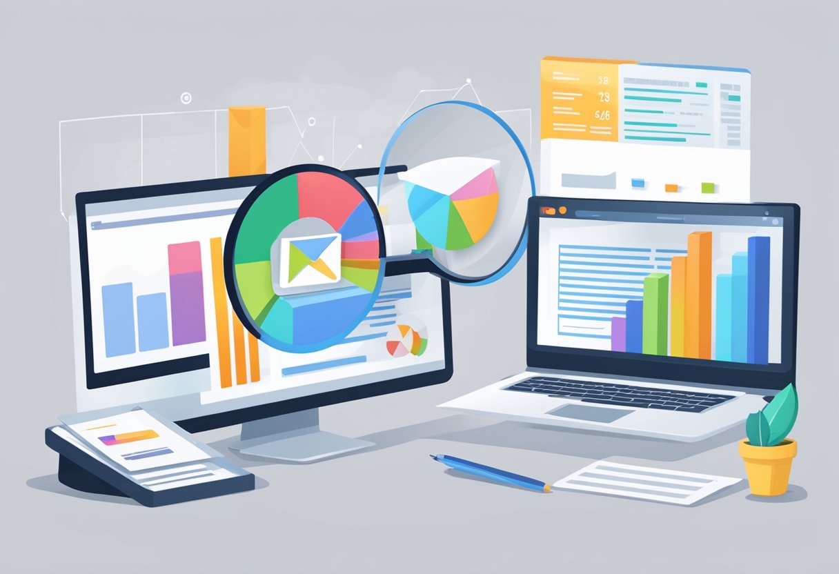 A computer screen displays a graph showing increased ROI from email marketing. A data analysis chart and a magnifying glass are nearby