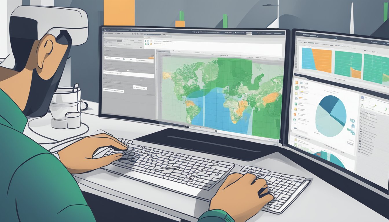 A computer screen displaying the DeepCrawl platform with various data visualizations and analytics charts.</p><p>A person's hand is seen using a mouse to navigate the interface