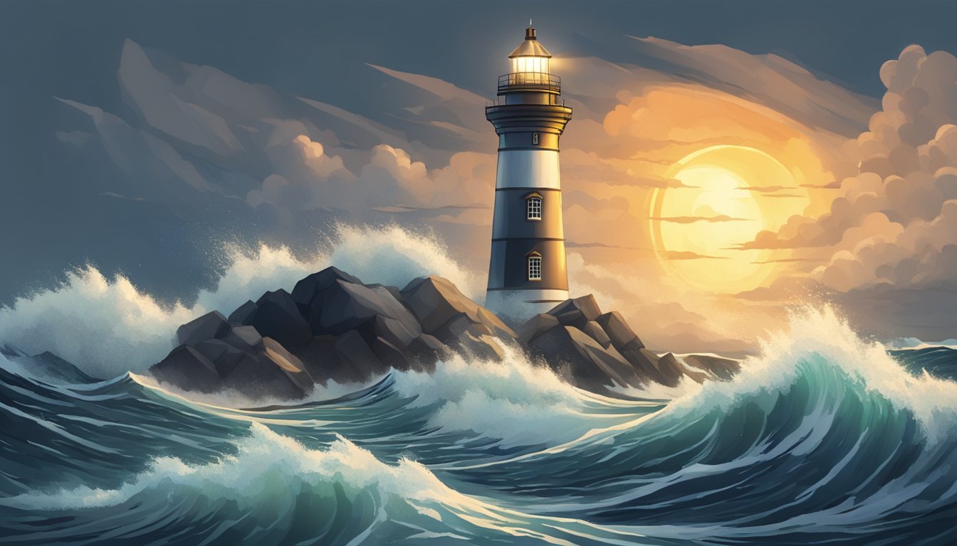 The lighthouse stands tall against the crashing waves, its bright beacon cutting through the darkness, guiding ships safely to shore