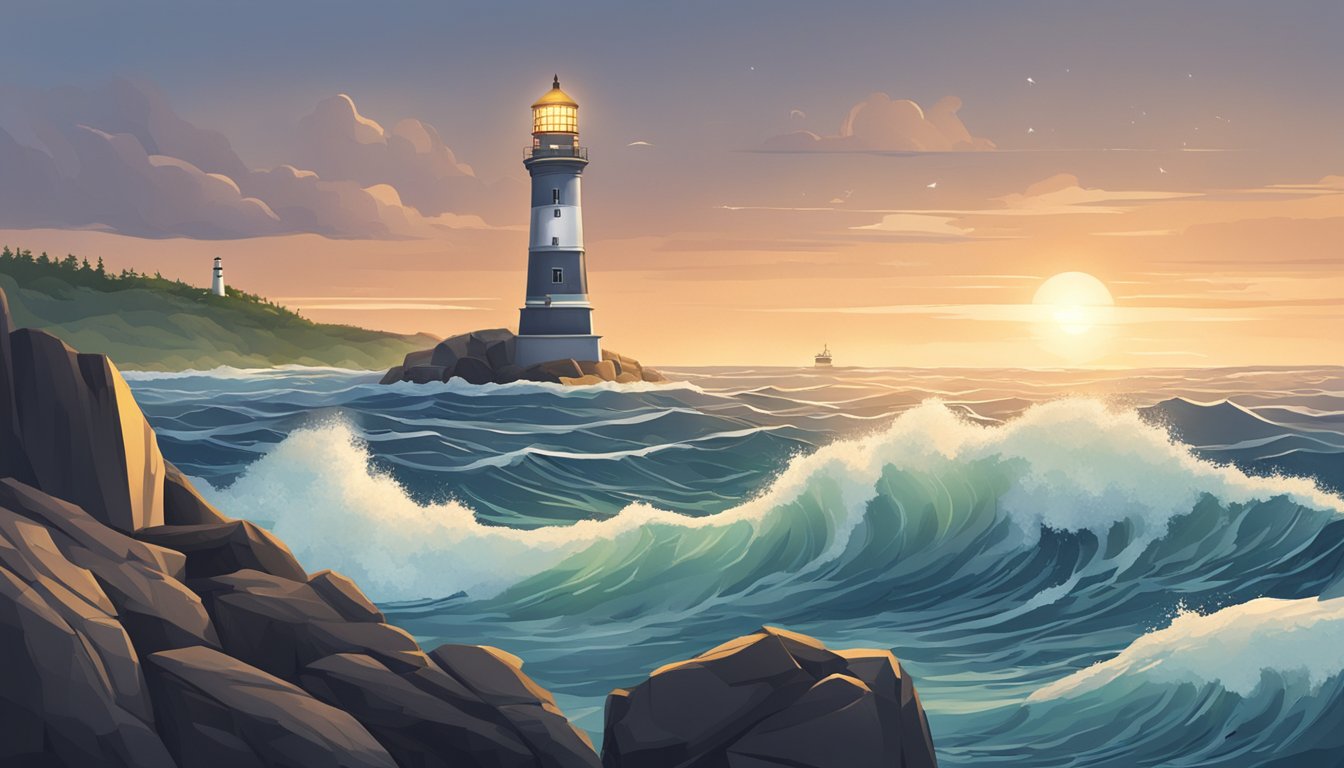 A tall lighthouse stands on a rocky cliff, overlooking the crashing waves below.</p><p>The beacon at the top emits a bright light, guiding ships safely to shore