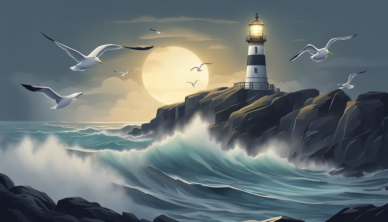 A lighthouse stands tall on a rocky cliff, its beacon cutting through the foggy night.</p><p>Waves crash against the shore, while seagulls circle overhead