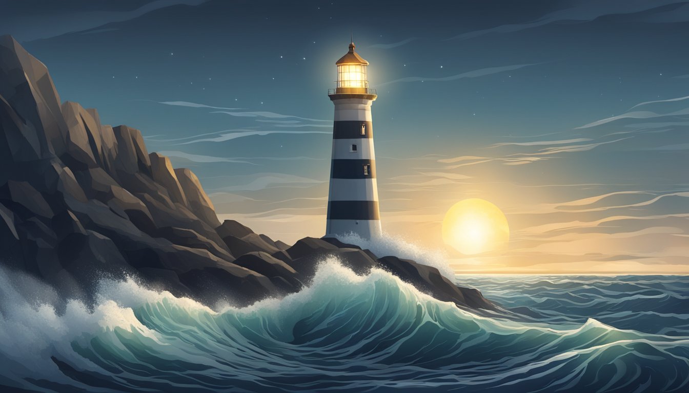 A lighthouse stands tall against the crashing waves, its beacon casting a guiding light across the dark sea