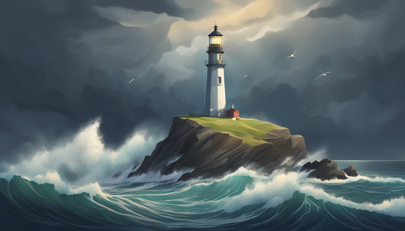 A lighthouse stands tall against a stormy sky, its beacon shining brightly over crashing waves and rocky cliffs