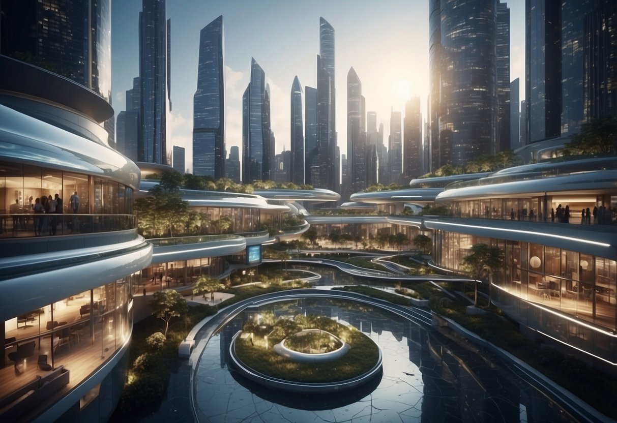 A futuristic cityscape with digital interfaces integrated into buildings and public spaces, showcasing the seamless integration of e-governance and electronic administration