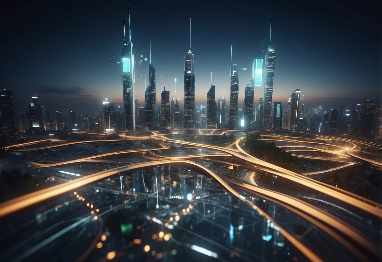 A futuristic cityscape with interconnected digital networks, government buildings, and data transformation