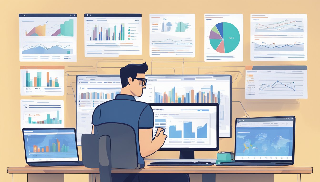 An SEO expert analyzes ContentKing for technical and on-page optimization, surrounded by computer screens and data charts