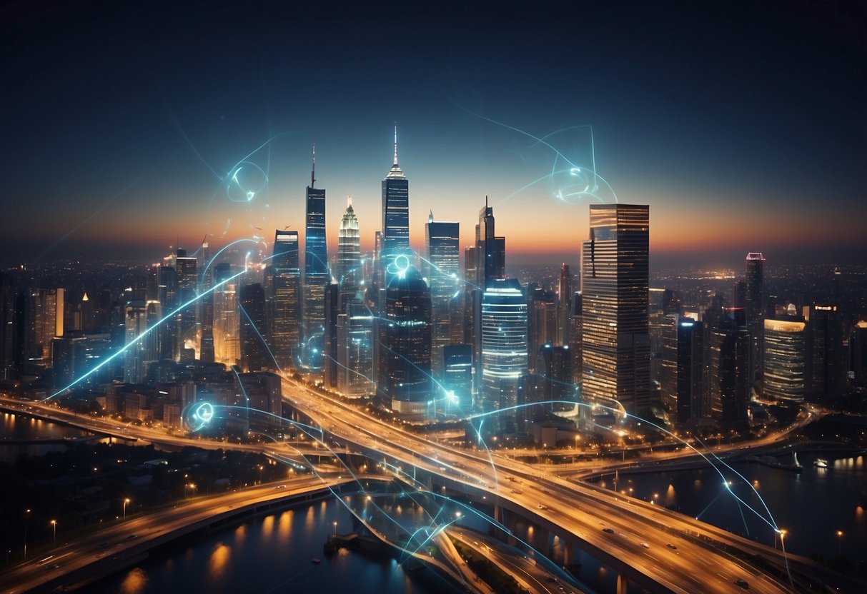 A bustling city skyline with digital interfaces connecting government buildings, symbolizing e-governance and electronic administration transformation