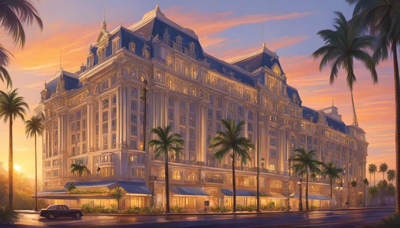 The sun sets behind the grand Majestic hotel, casting a warm glow on its ornate facade.</p><p>A line of palm trees sways gently in the breeze, framing the elegant building against the colorful sky