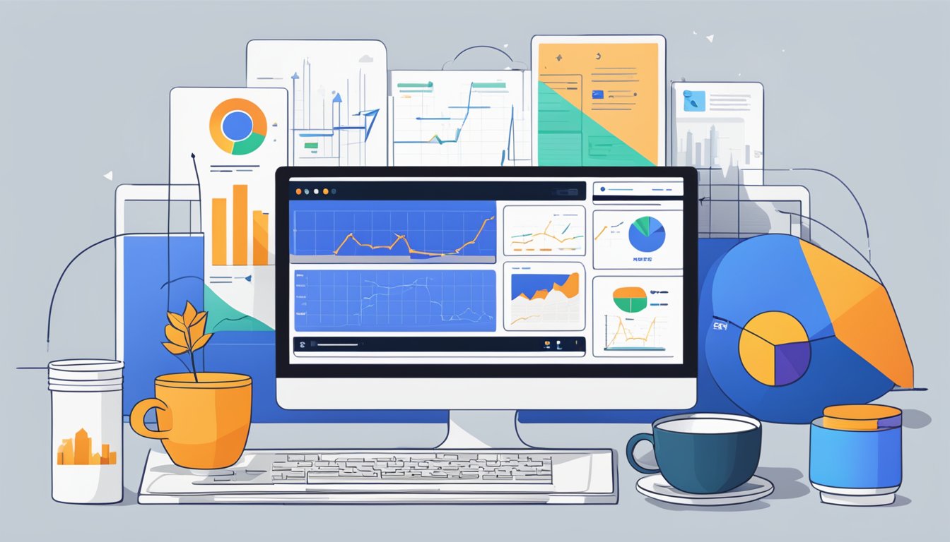 A computer screen displaying Ahrefs website with charts and graphs, surrounded by a notebook, pen, and coffee mug