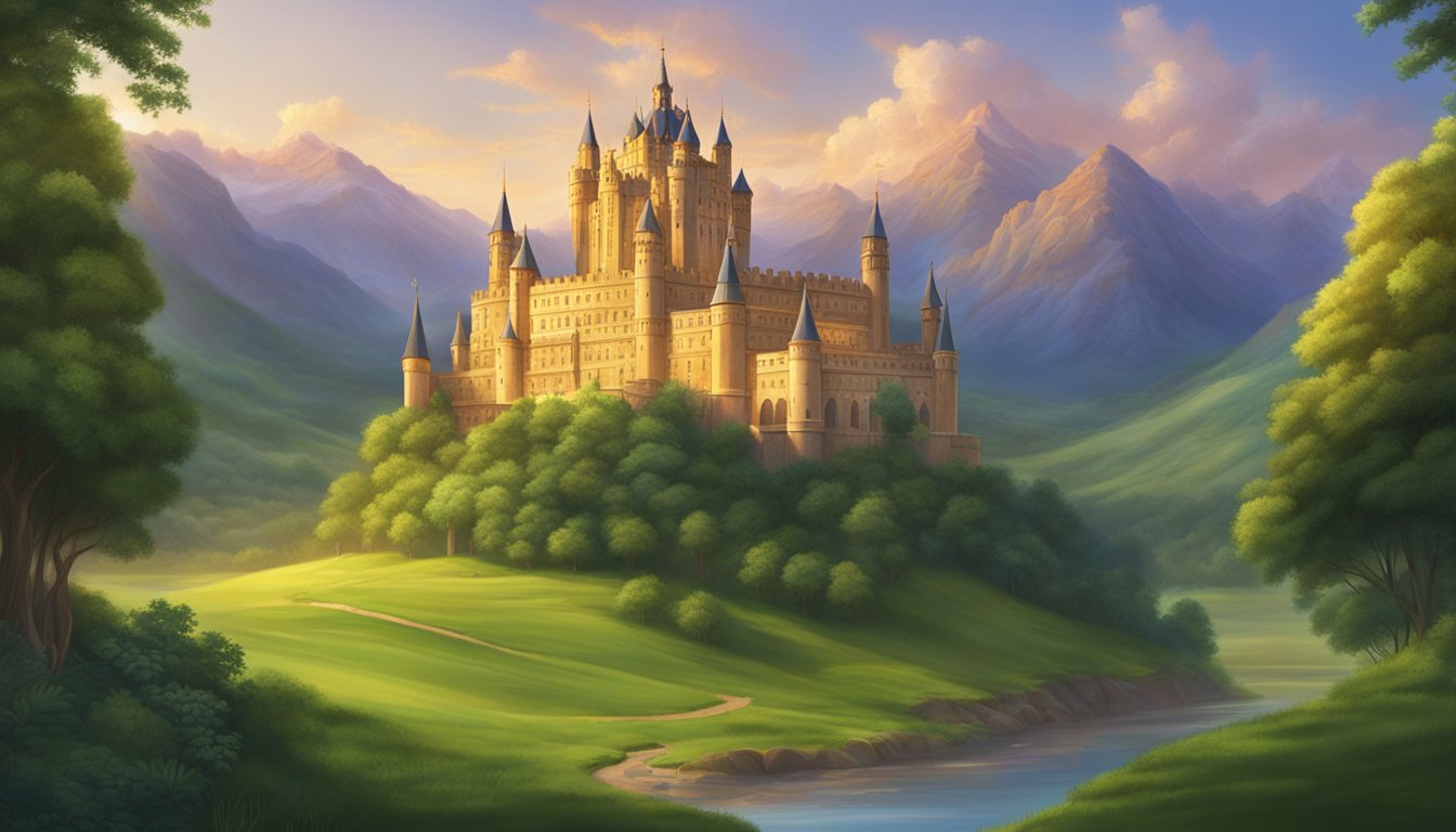 The grand castle of Majestic looms over the lush green landscape, its towering spires reaching towards the sky.</p><p>The sun sets behind the majestic structure, casting a warm glow over the scene