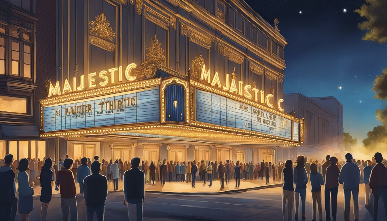 The majestic theater glows under the night sky as a crowd gathers outside, eagerly awaiting the start of the show.</p><p>The marquee lights up the street, casting a warm glow on the excited faces of the audience