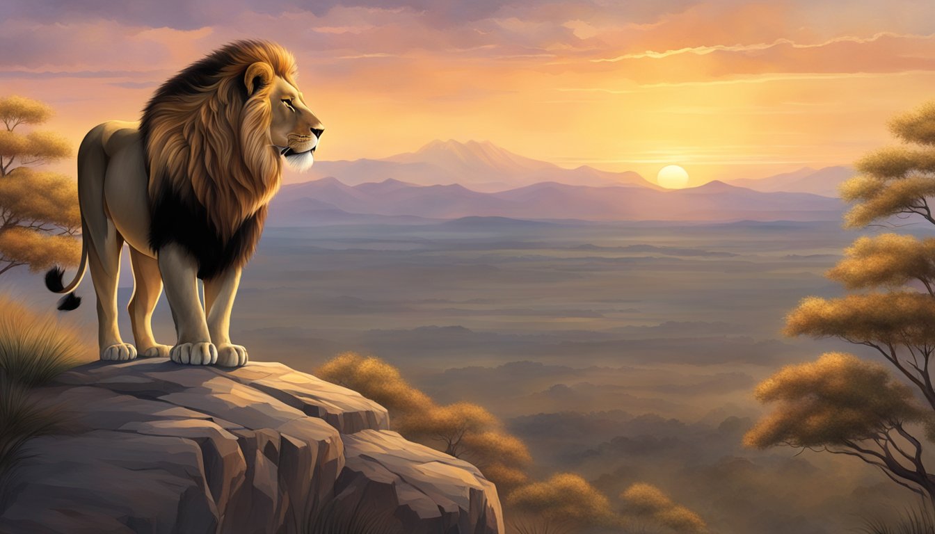 A majestic lion stands proudly on a rocky outcrop, gazing out over a vast savanna as the sun sets behind the distant mountains