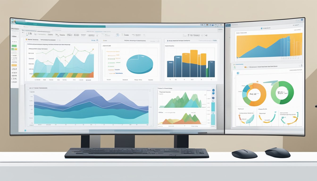 The scene is a computer screen displaying the LinkResearchTools dashboard with various graphs, charts, and data visualizations.</p><p>A mouse cursor hovers over a link analysis report, indicating user interaction