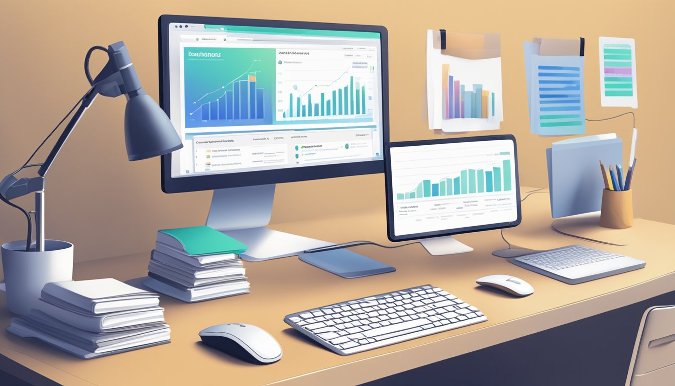 A computer monitor displaying the Monitor Backlinks website with various backlink data and metrics.</p><p>The screen is surrounded by a clean and modern office desk setup with a keyboard, mouse, and notepad