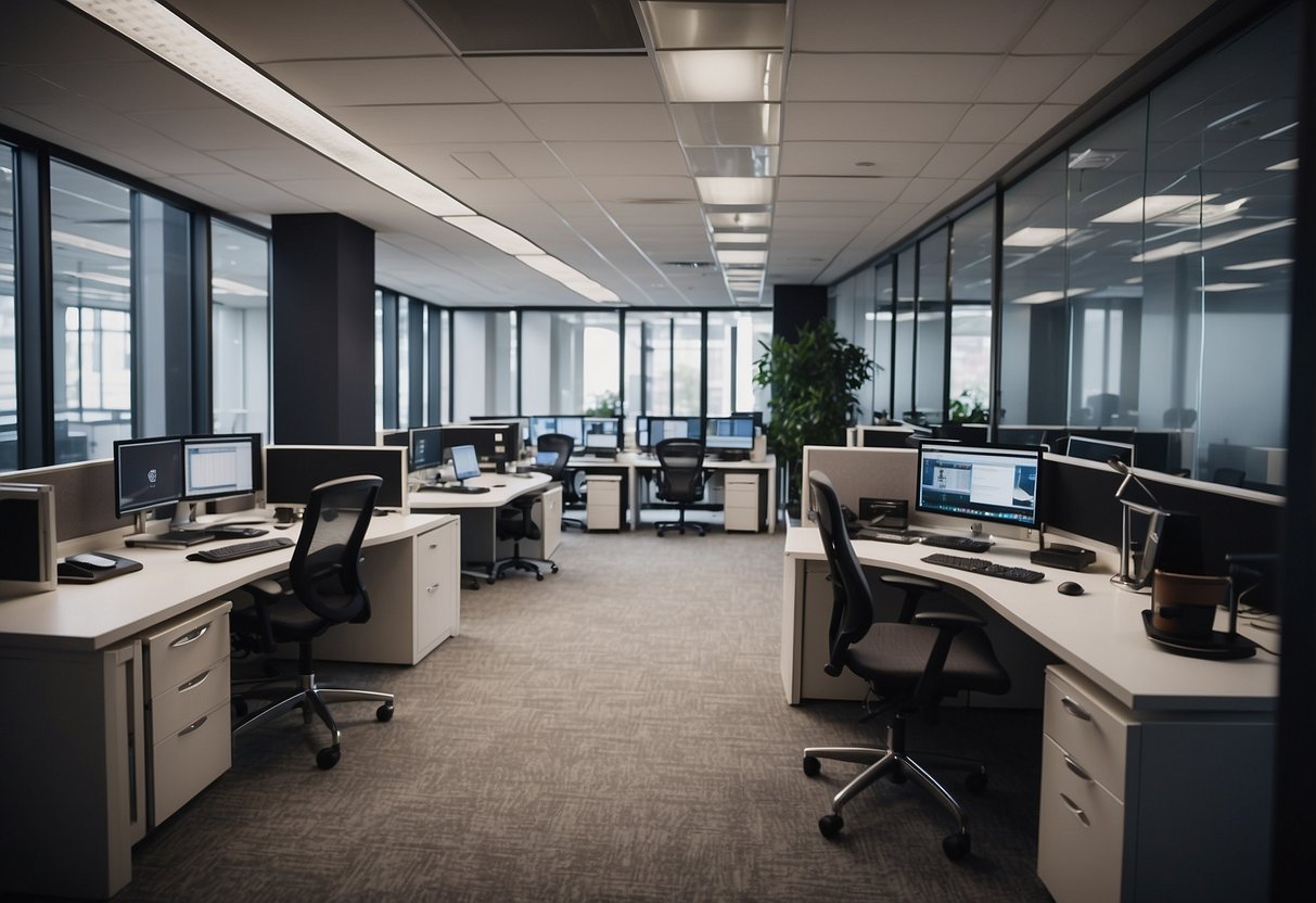 A modern office with desks, computers, and paperwork. The MINEFE logo is displayed prominently on the wall. The space is organized and structured, with clear divisions between departments