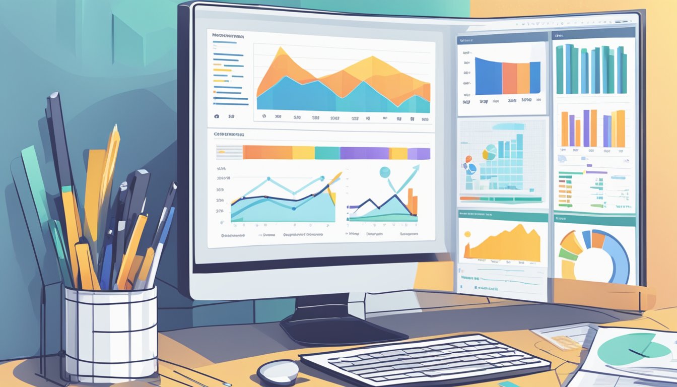 Monitor Backlinks data being analyzed on a computer screen with charts and graphs displayed, alongside a stack of competitor reports and market analysis documents