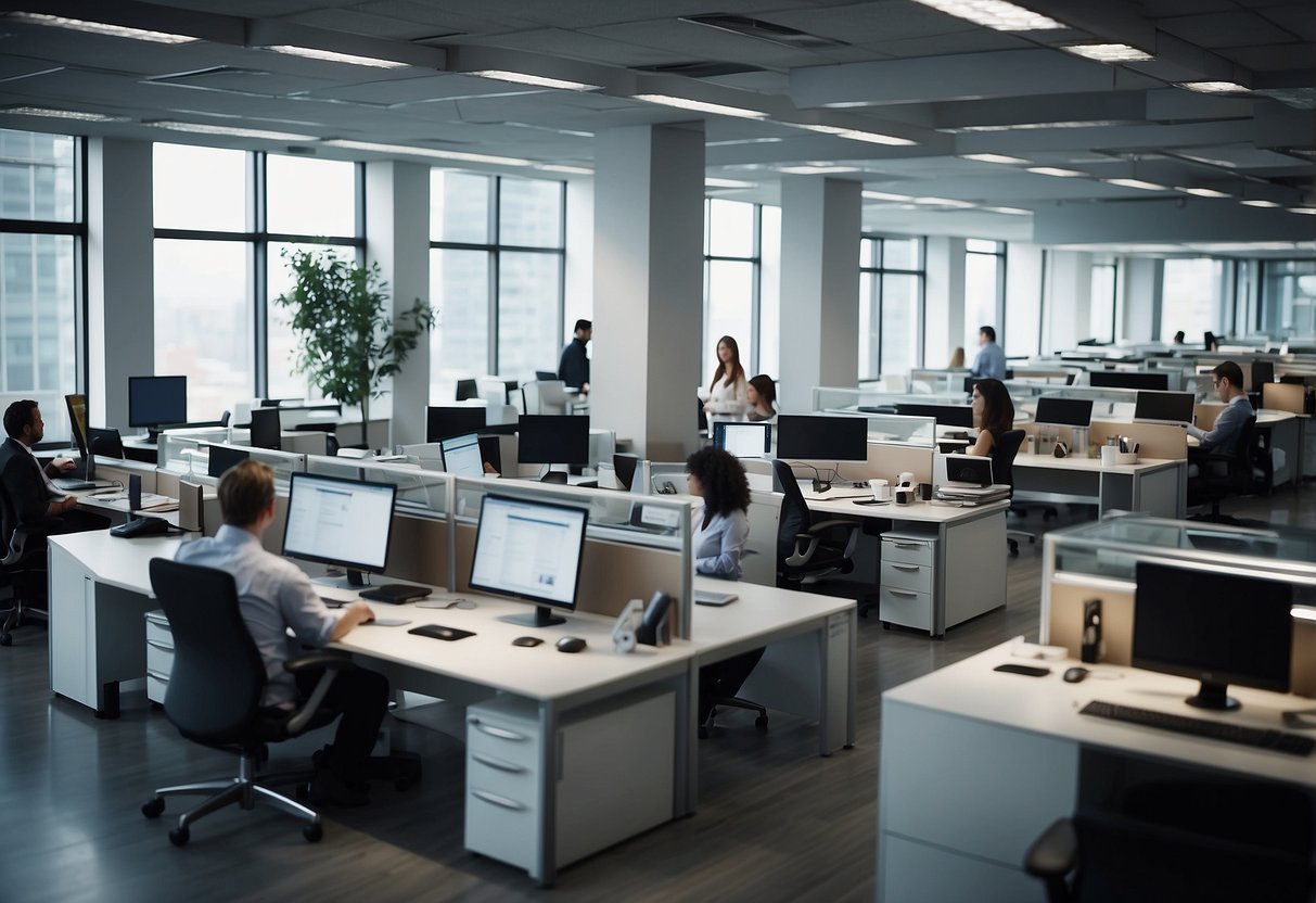 The scene depicts a bustling office environment with employees working at their desks, while others are engaged in discussions and meetings. The atmosphere is professional and focused, with a sense of purpose and productivity