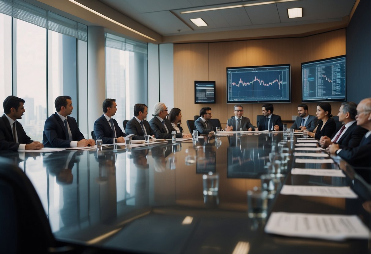 A bustling conference room with delegates from various countries discussing economic policies and trade agreements. Maps and charts adorn the walls, while the atmosphere is filled with intense but respectful debate