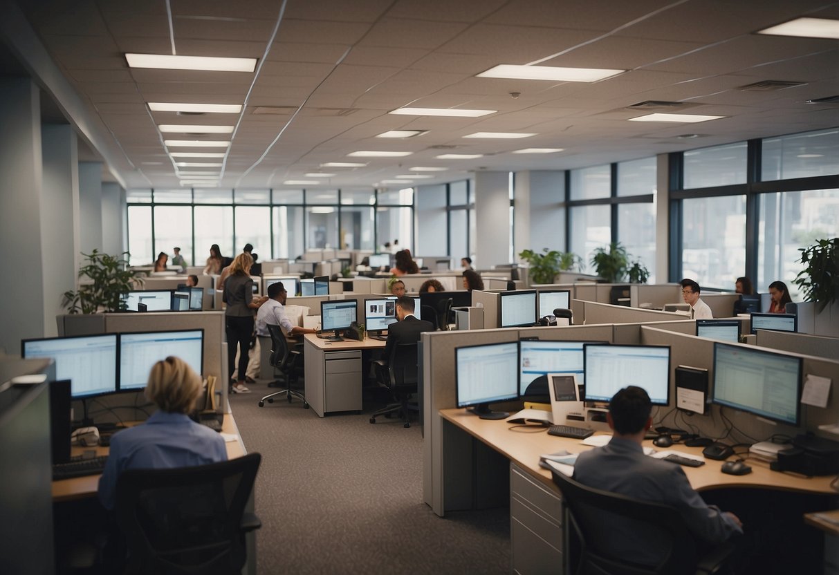 A bustling office with people seeking information, a sign reading "Frequently Asked Questions MINEFE" prominently displayed