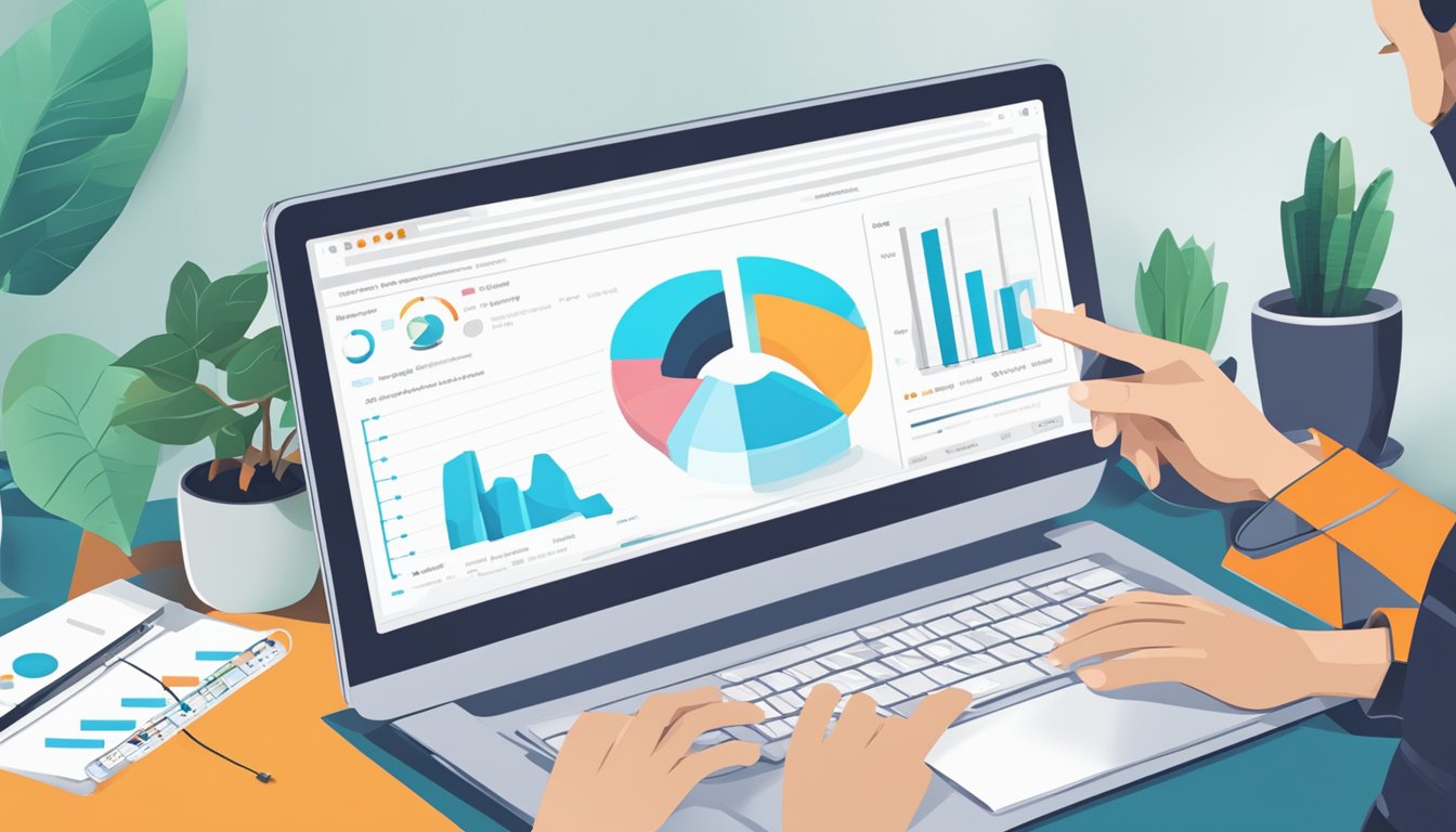 A computer screen displays SEMrush Backlink Analytics review with charts and data.</p><p>A person's hand hovers over a mouse, ready to click