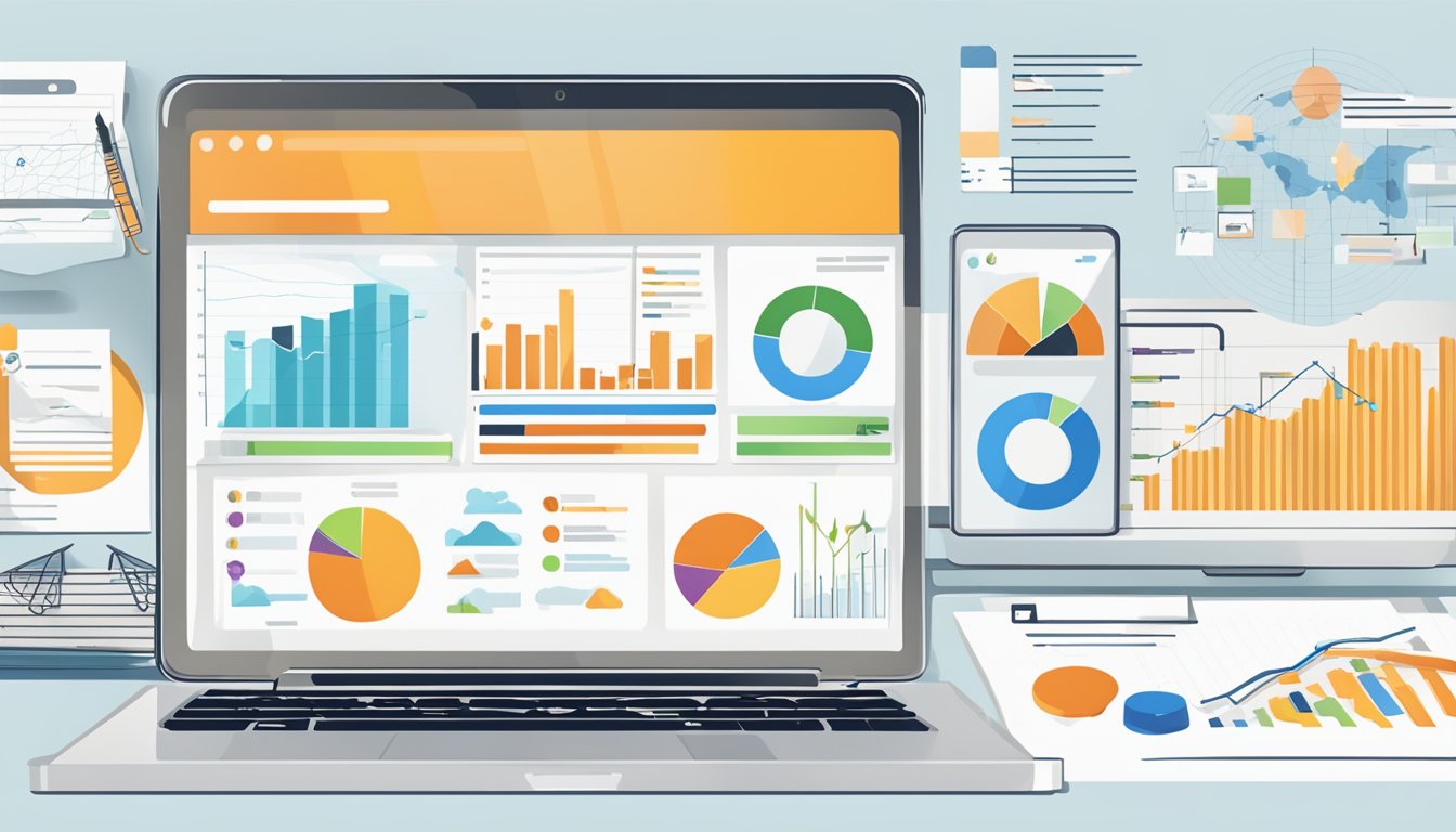 A laptop displaying SEMrush Backlink Analytics with charts and graphs, surrounded by marketing materials and a notepad with notes