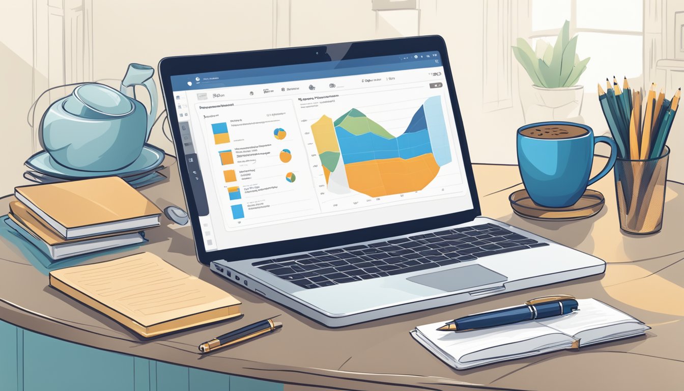 A laptop displaying BuzzSumo's homepage with charts and graphs, surrounded by a cup of coffee, notebook, and pen