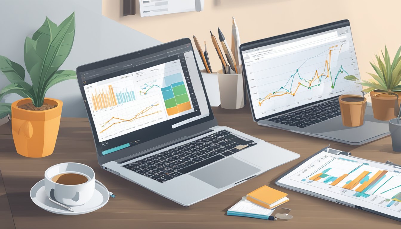 A laptop displaying SEMrush Backlink Analytics with charts and graphs, surrounded by a notepad, pen, and coffee cup on a desk