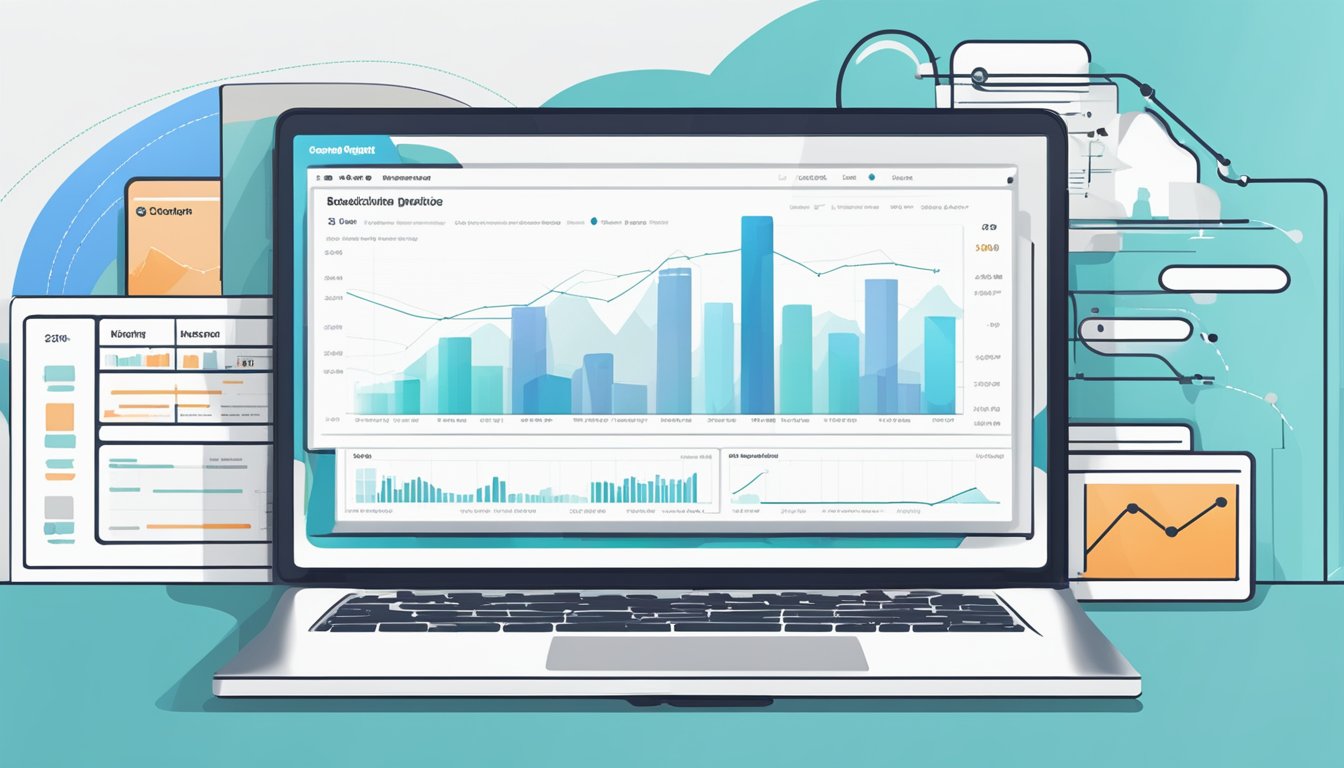 A laptop displaying SEMrush Backlink Analytics pricing and plan options, with a graph showing data trends in the background