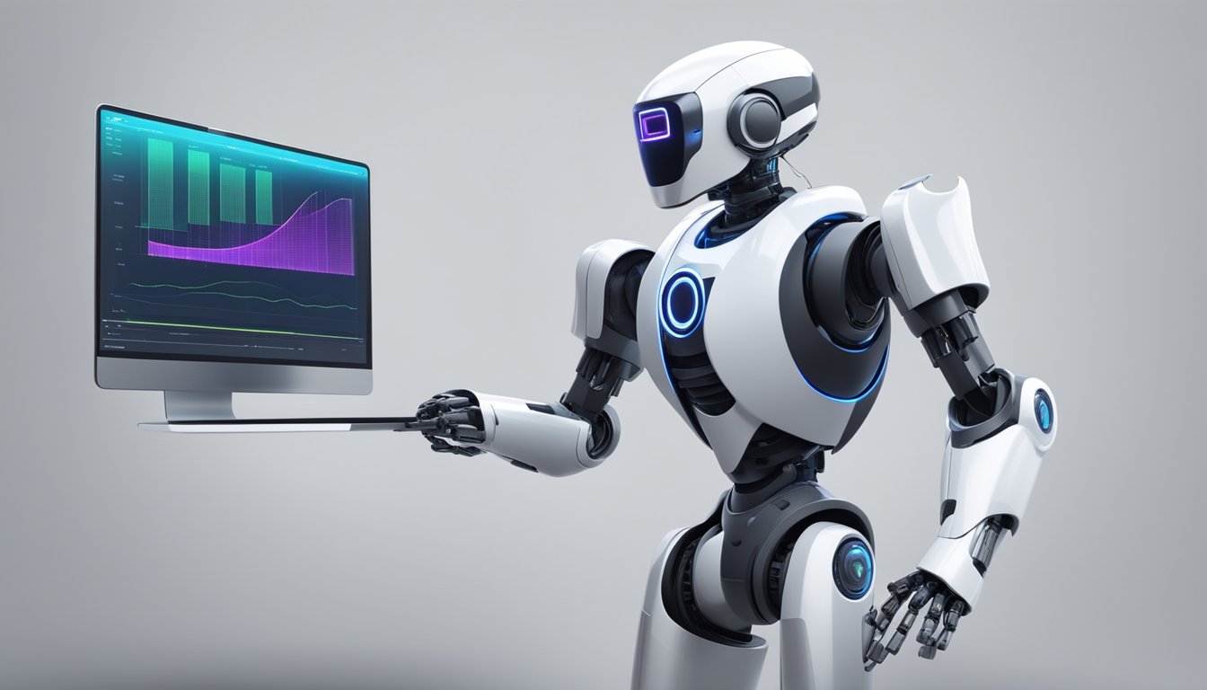 A sleek, modern robot stands on a digital interface, displaying search engine results with speed and precision