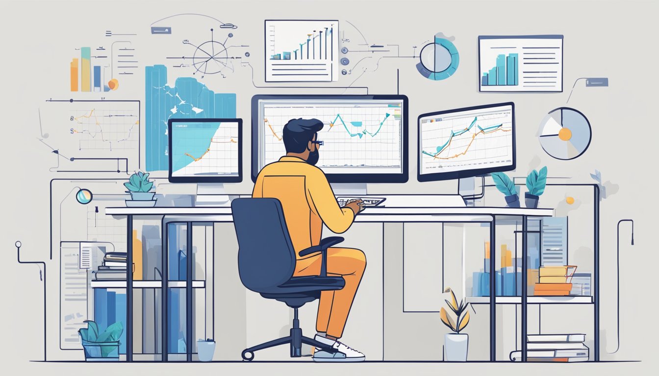 A person using a computer to analyze BuzzSumo data, with charts and graphs on the screen, and a notepad for taking notes