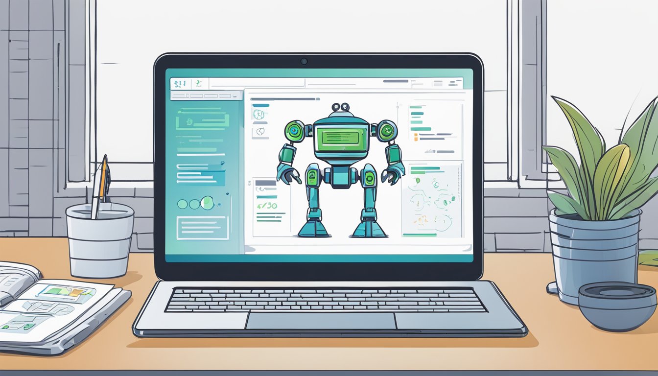 A laptop displaying SERP Robot's plans and pricing, with charts and graphs on the screen.</p><p>A pen and notebook sit beside it