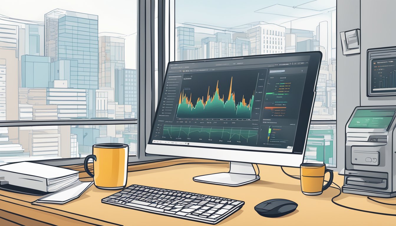 A computer screen displaying Linkody's dashboard with graphs and charts, a mouse and keyboard nearby, and a cup of coffee on the desk