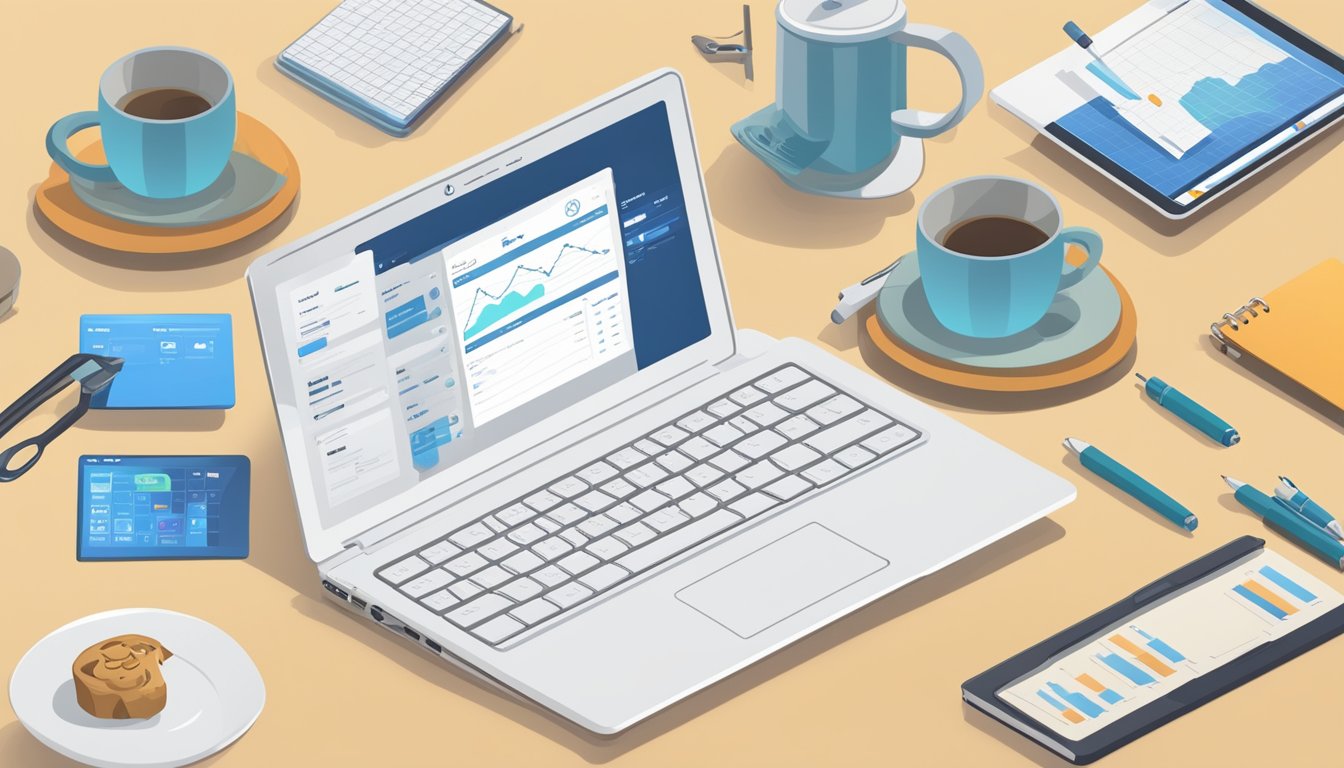 A laptop displaying a pricing overview page of BuzzSumo, with charts and data visualizations, surrounded by a notepad, pen, and coffee mug