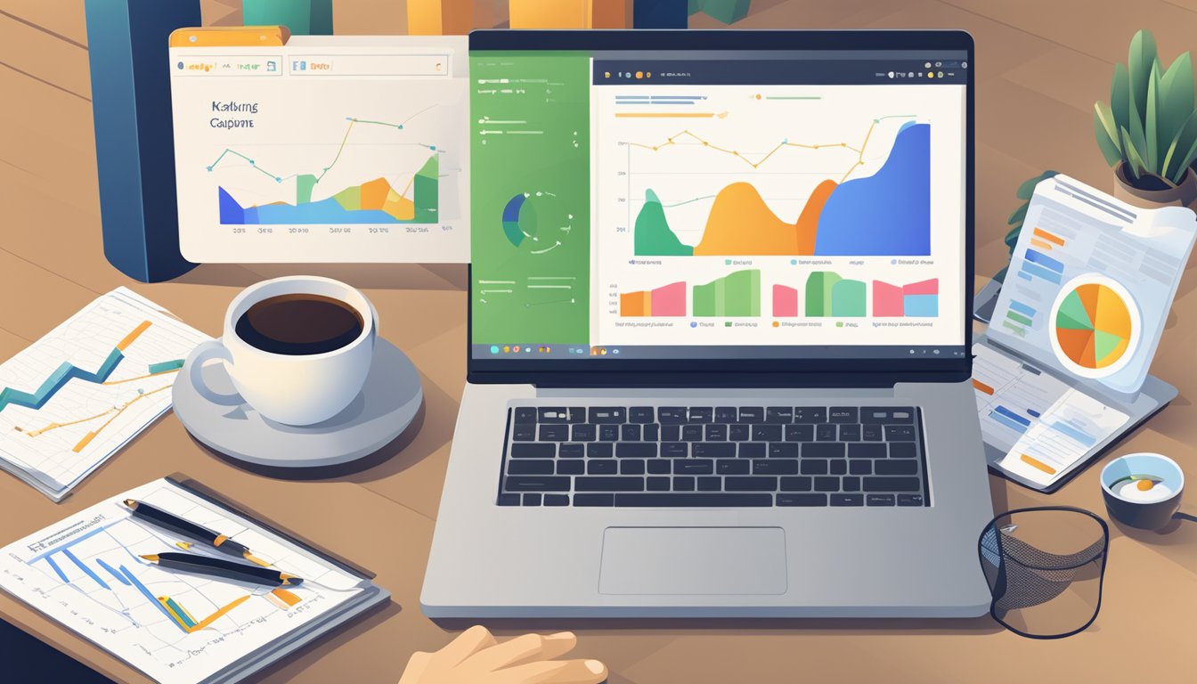 A laptop displaying Advanced Web Ranking software, surrounded by charts and graphs, with a cup of coffee nearby