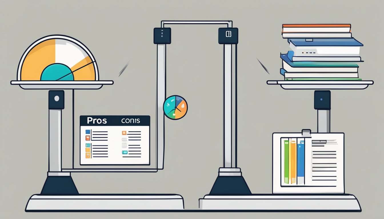 A scale with "Pros" on one side and "Cons" on the other, each side filled with corresponding items like a checklist