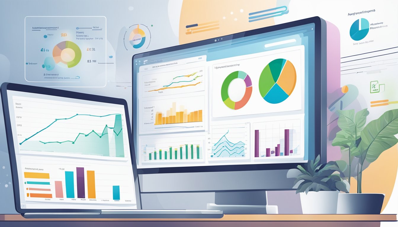 The scene shows a computer screen displaying the Analysis and Reporting Features review of Advanced Web Ranking.</p><p>Charts and graphs are visible, along with various data points and metrics