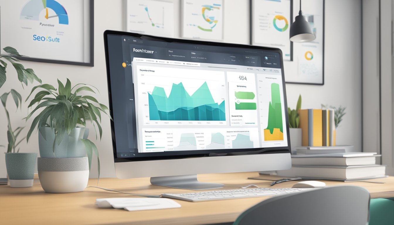 A computer screen showing the Rank Tracker interface with SEO PowerSuite logo in the background.</p><p>Graphs and charts display keyword rankings and website performance data