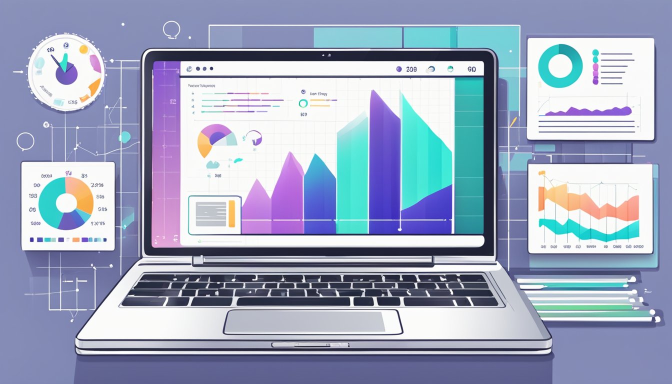 A laptop displaying Advanced Web Ranking with positive and negative points listed, surrounded by charts and graphs