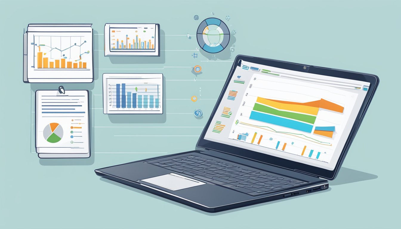 A laptop displaying Advanced Web Ranking with charts and graphs, a notepad with positive comments, and a pen