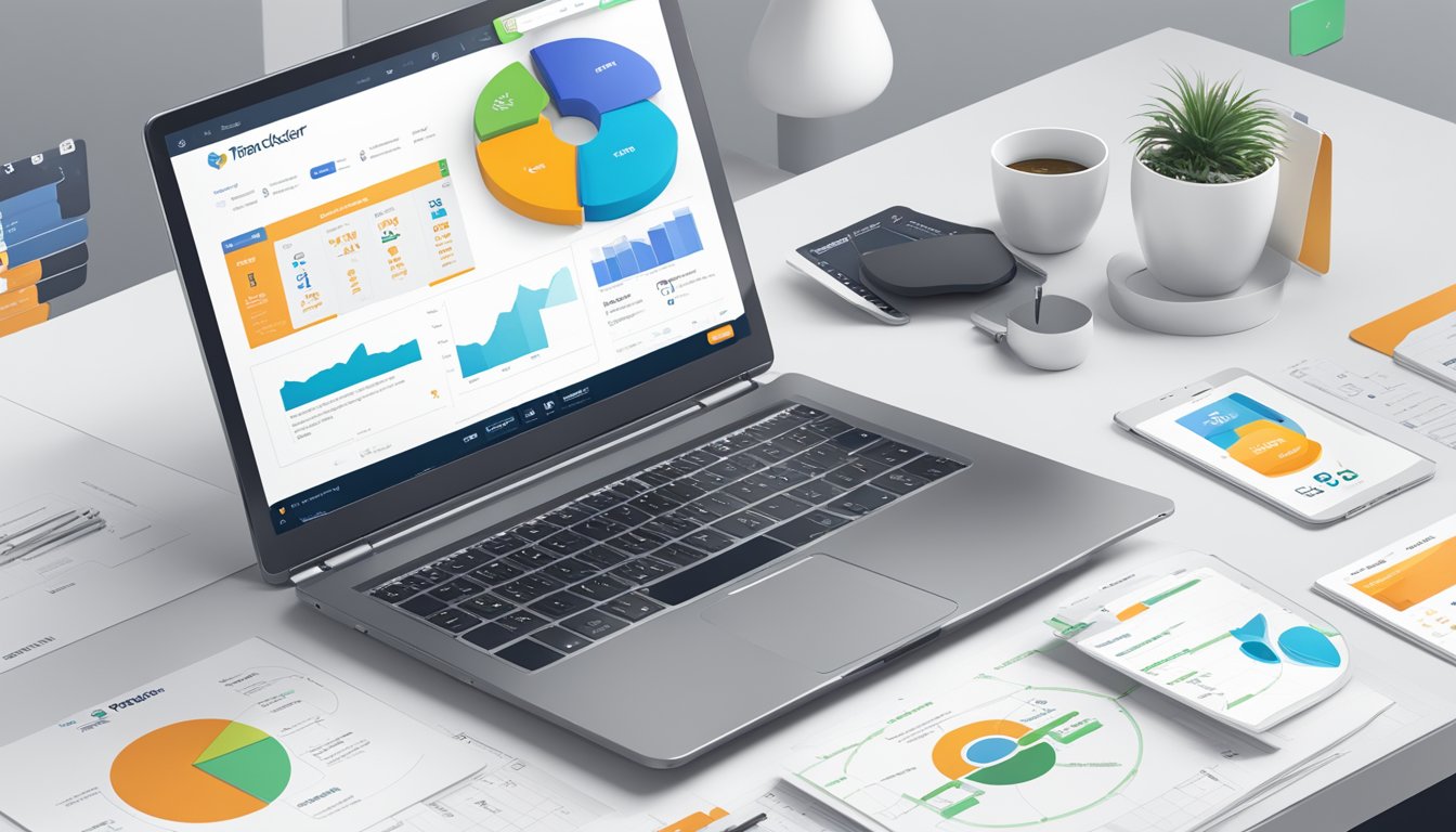 A laptop displaying Rank Tracker's pricing and plans, surrounded by SEO PowerSuite branding and marketing materials