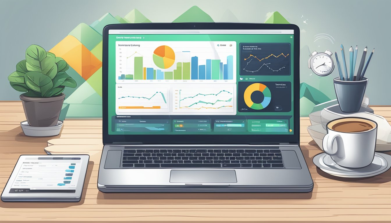 A laptop displaying ProRankTracker dashboard with various keyword rankings and analytics charts on a desk surrounded by notebooks and a cup of coffee