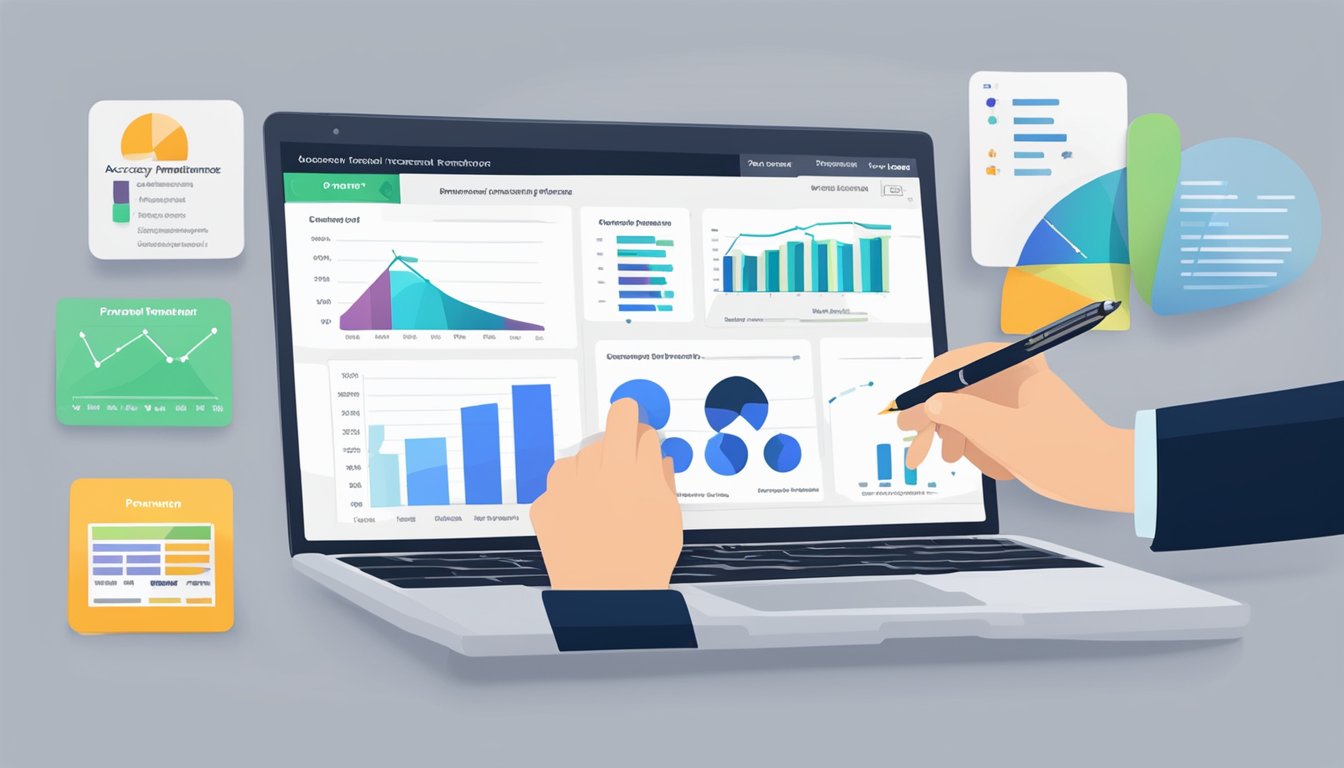 A laptop displaying ProRankTracker dashboard with graphs and data.</p><p>A hand holding a pen, pointing at the screen.</p><p>A document with "Accuracy and Performance review" written on it