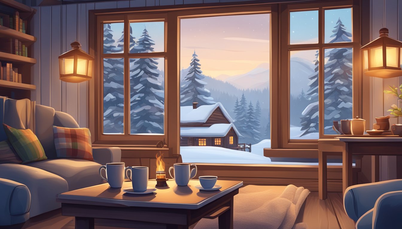 A cozy cabin nestled in snowy woods, with a warm fire and a cup of tea.</p><p>A wintry landscape outside the window