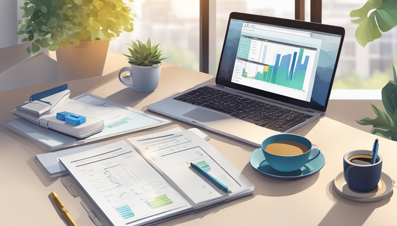 A desk with a computer screen showing ProRankTracker's pricing and plans.</p><p>A notepad and pen sit next to it, with a cup of coffee in the background