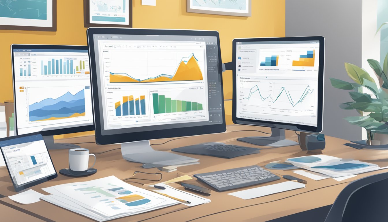 A computer screen displaying the Wincher dashboard with various charts and graphs, surrounded by a desk cluttered with papers and a coffee mug