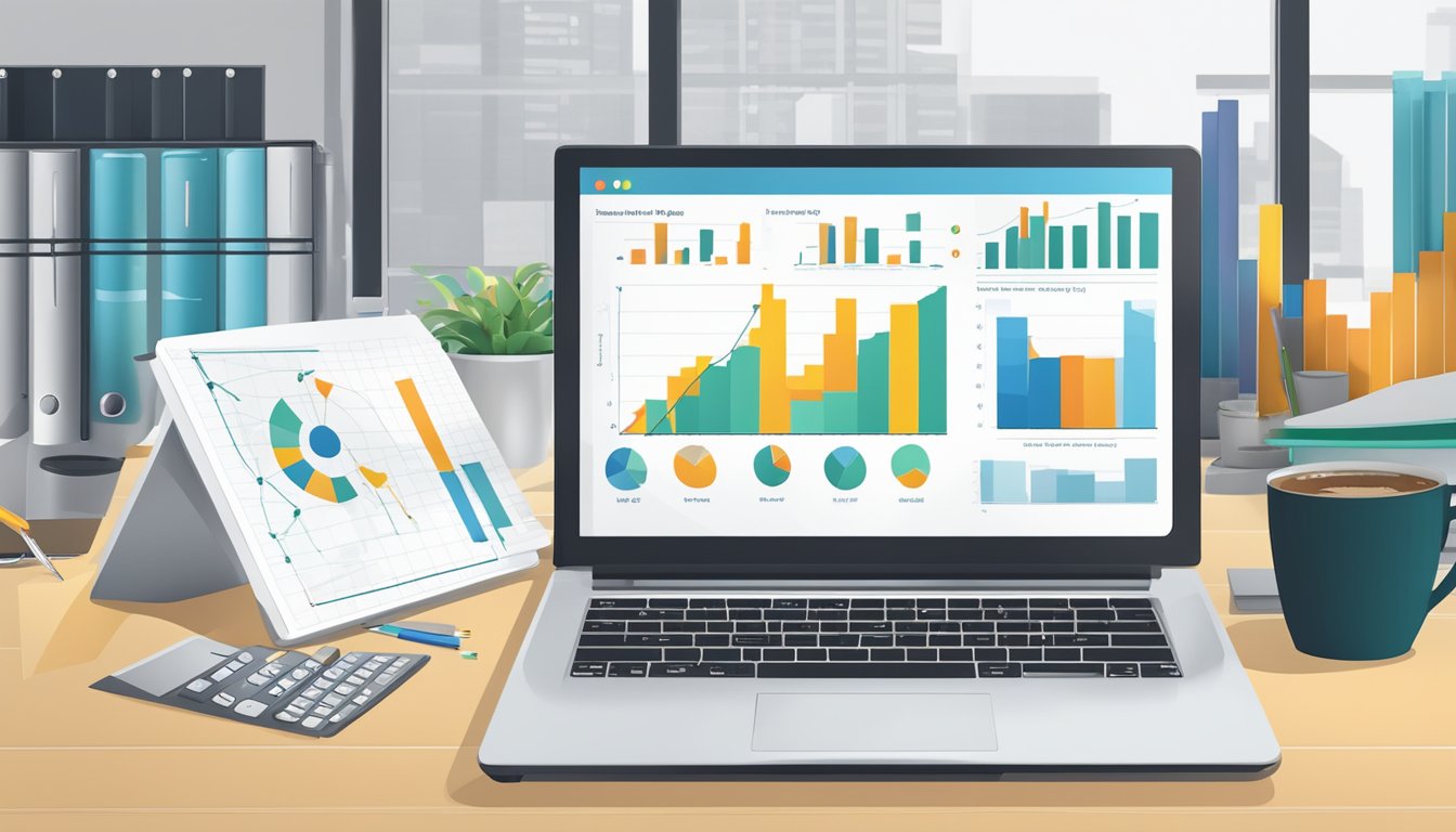 A laptop displaying SE Ranking with charts and graphs, surrounded by office supplies and a cup of coffee