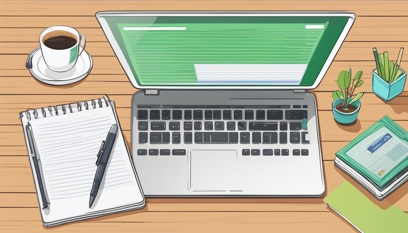 A laptop displaying the Grammarly interface, surrounded by a pen, notebook, and coffee cup on a desk