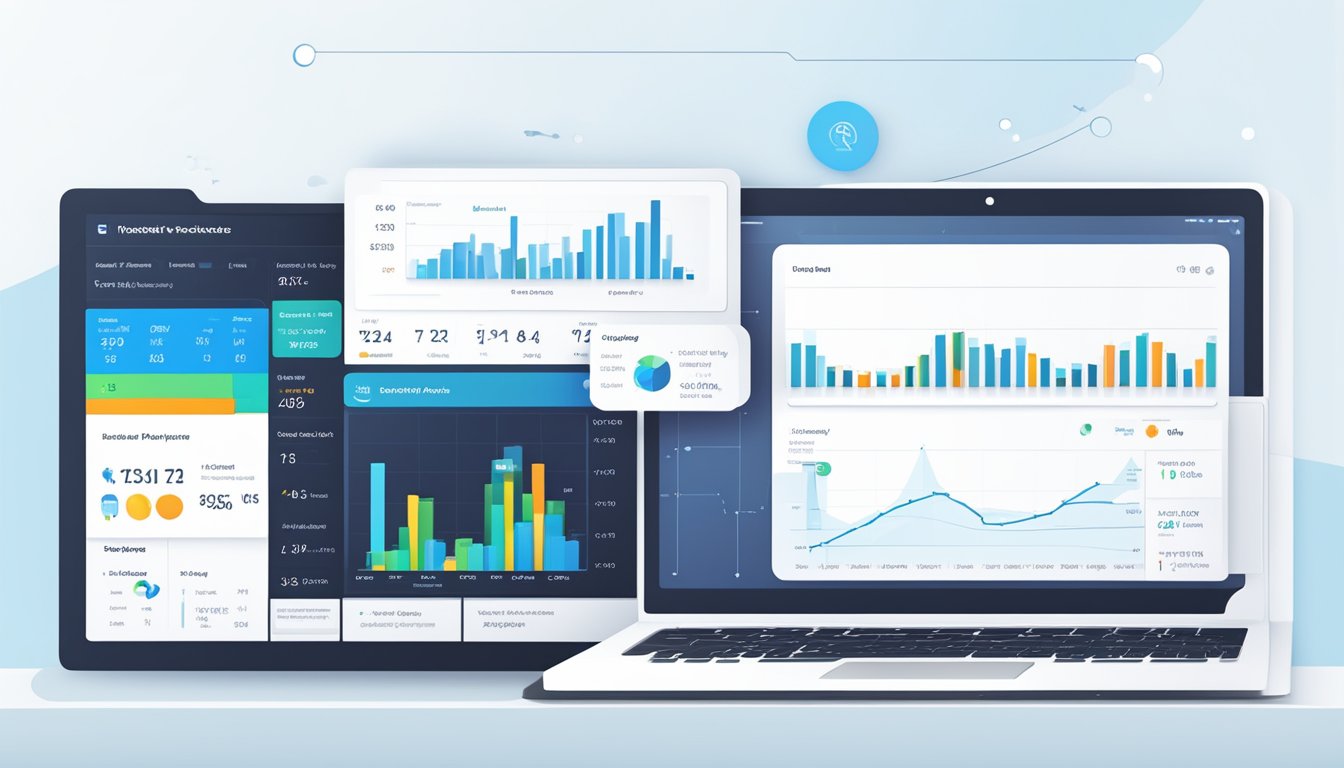 A laptop displaying the Serpstat Rank Tracker dashboard with pricing and value metrics highlighted.</p><p>Graphs and charts showing performance data